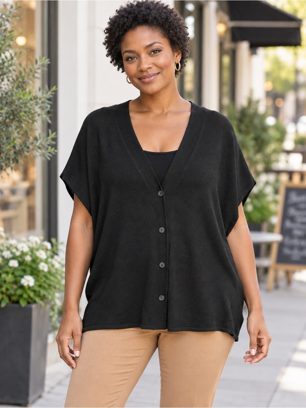 Liverpool oversized Black Button-Front Dolman Sleeve Top